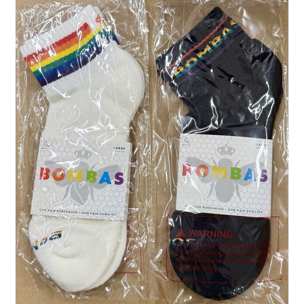 2-Pack Bombas Bee Proud Quarter Socks Rainbow Pride White Black Unisex Large
